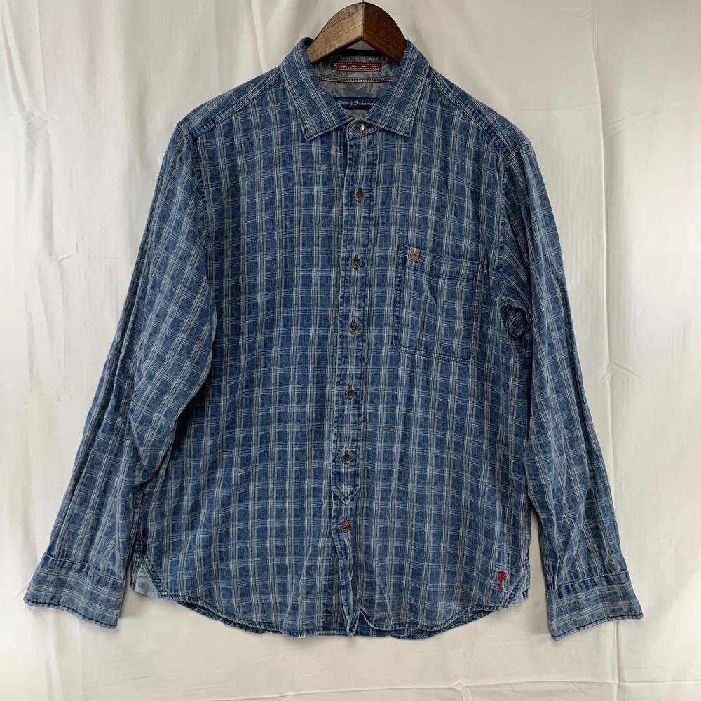 Tommy Bahama Button Up Shirt Mens Medium Blue Plaid Palm Tree Long Sleeve Cotton